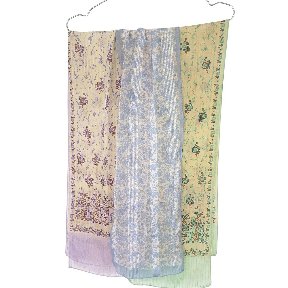 Vintage Lot of 3 Floral Scarves Tri Color Pastel Sheer Japan 52x10